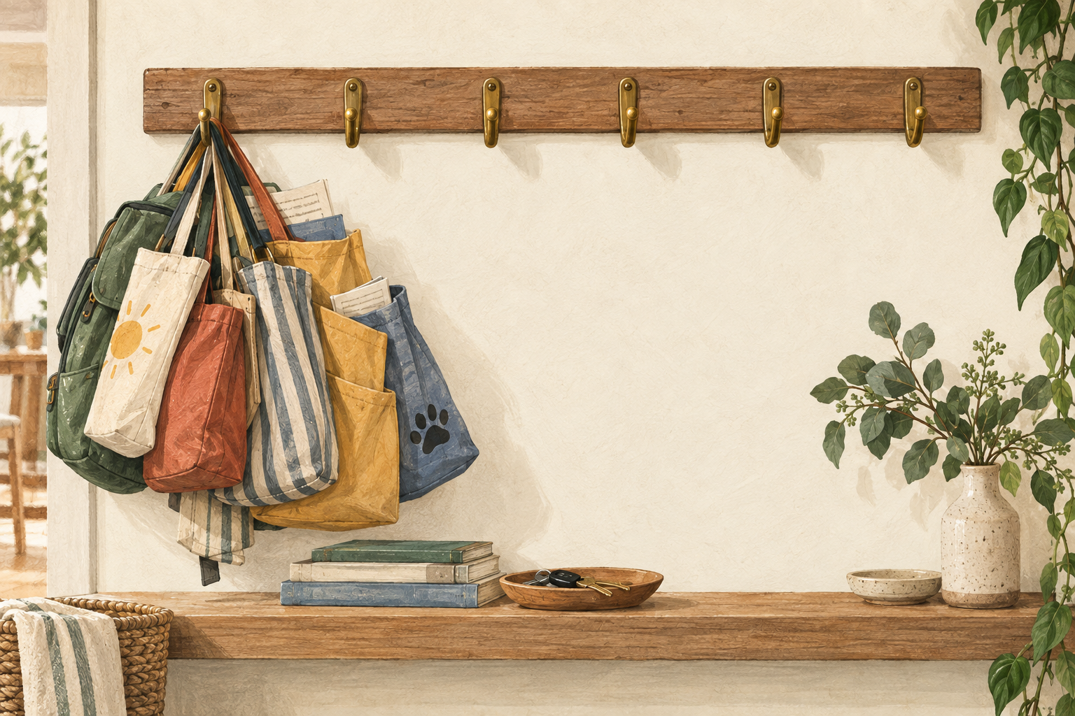 A wooden rail with six bags crowded onto a single hook