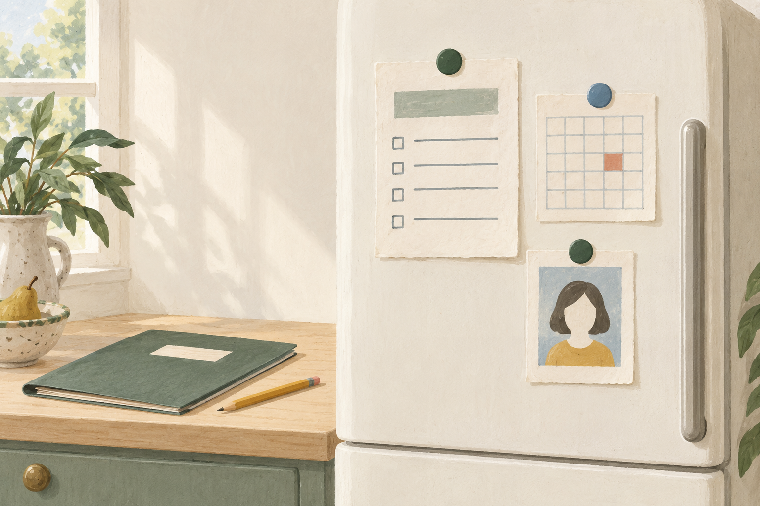 A kitchen refrigerator holding a calendar and lists beside an open planner and pencil.
