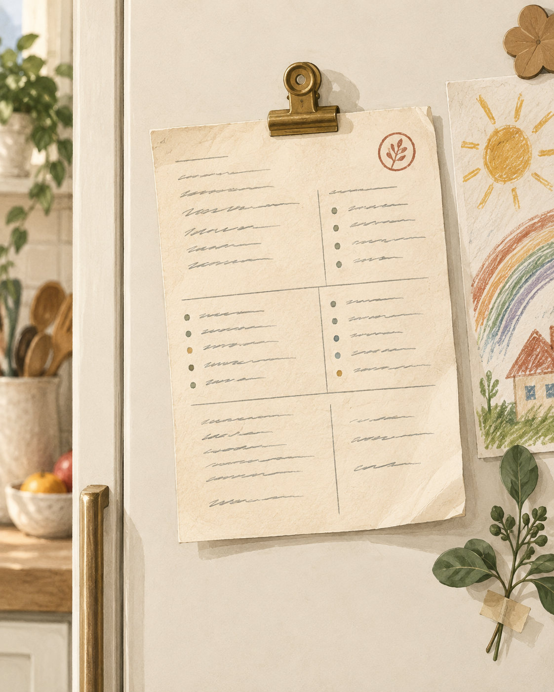 A sitter sheet clipped to a kitchen door.