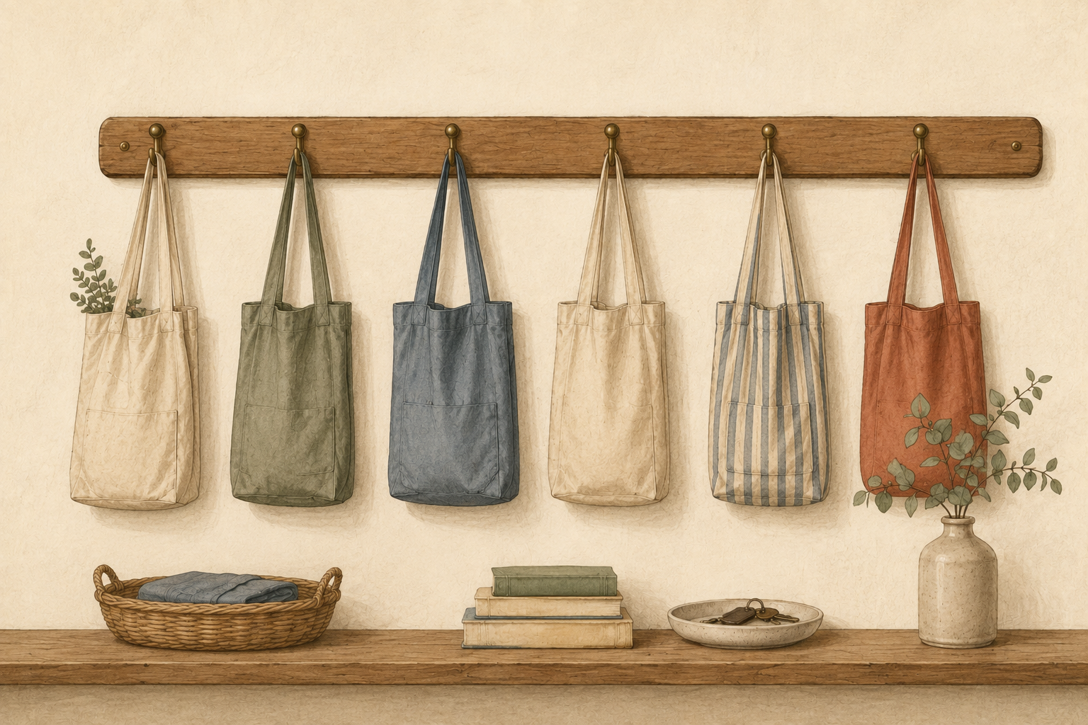 The same six bags spread evenly along the rail, one per hook