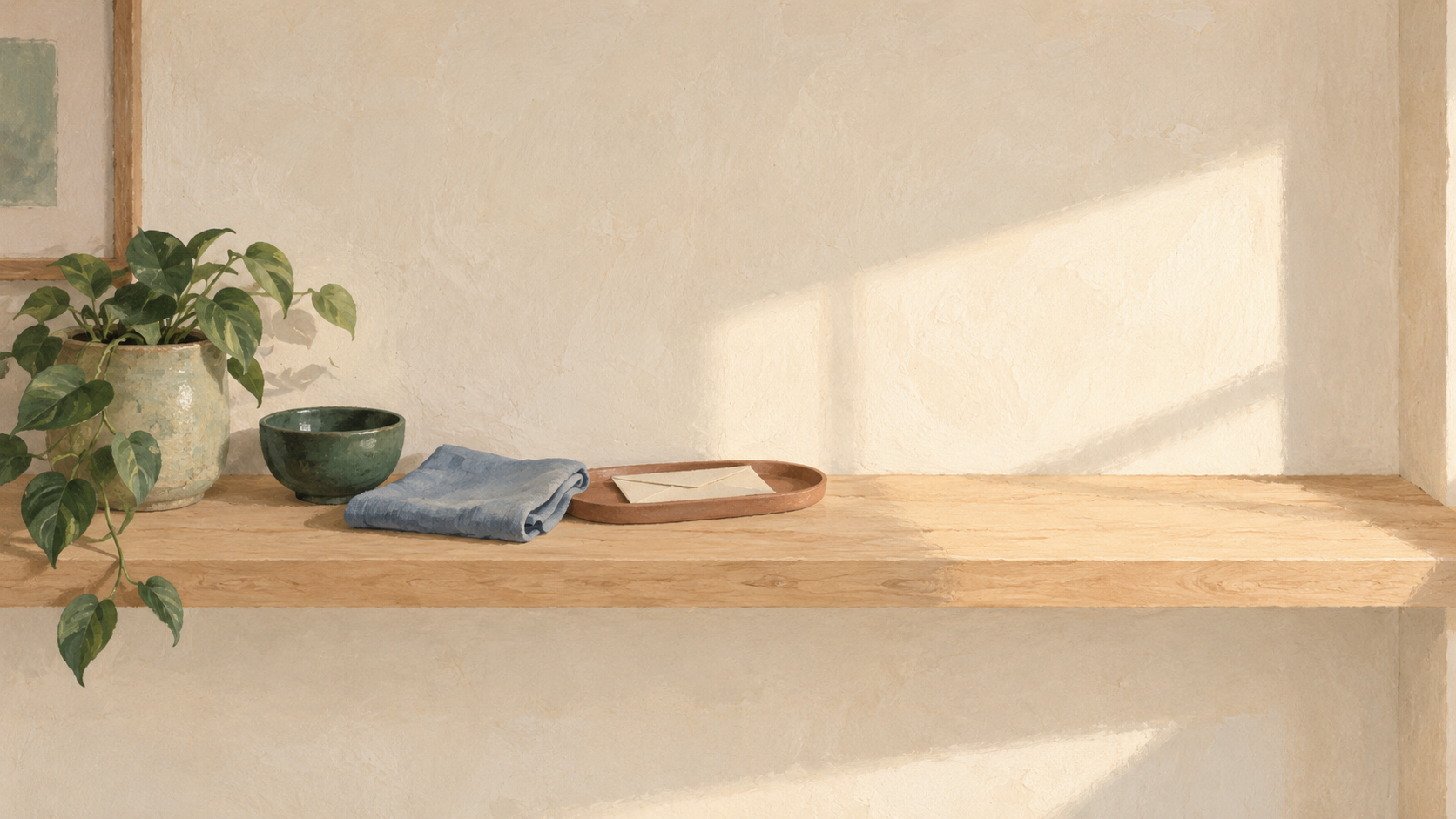 A quiet shelf with a plant, a bowl, a folded cloth, and an envelope resting on a tray.