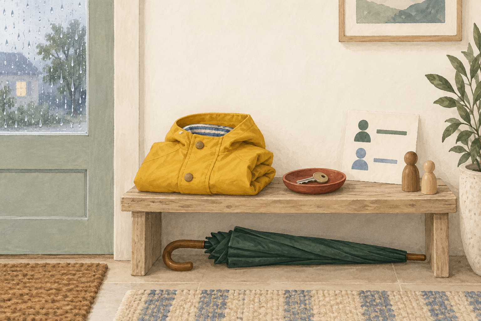 A rainy entryway with a yellow coat, umbrella, keys, and family photographs ready by the door.
